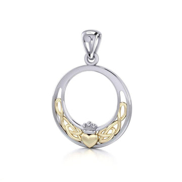 Celtic Claddagh & Celtic Knotwork Silver and 14K Gold accent Pendant TPV1442 - Jewelry